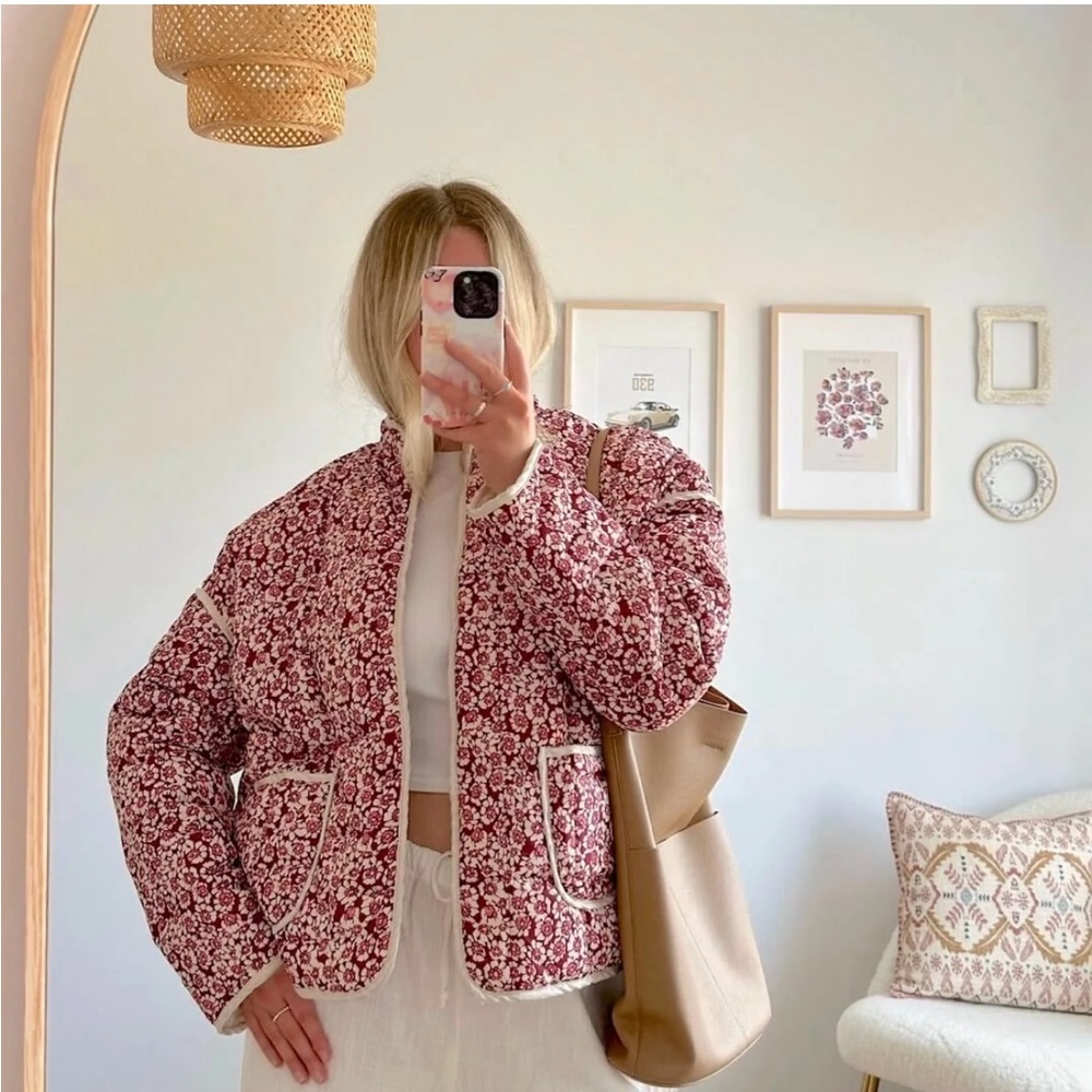 Floral Patterned Puffer Jacket - Burgundy and White - Picture 3 of 4